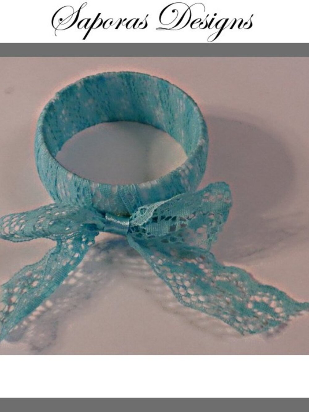 White Bangle Bracelet Wrapped With Blue Lace & Bow